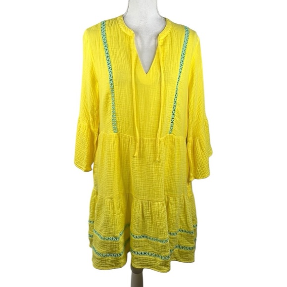 Scoop Yellow & Green Embroidered Slub Cotton Summer Vacation Boho Dress Small - Picture 1 of 7
